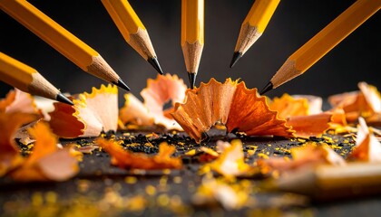 Close-up of yellow wooden pencils pointing at a pile of pencil shavings