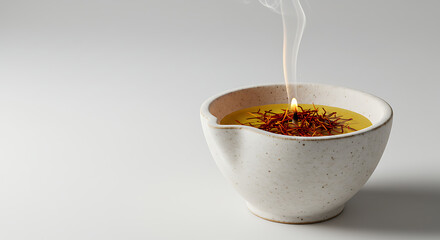 Saffron Threads Infusing in Warm Water Inside a White Ceramic Bowl with Rising Smoke Steam Healthy Herbal Tea and Natural Dye Preparation for Gourmet Cooking and Wellness Lifestyle