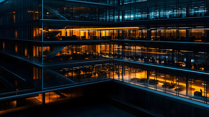 An office building illuminated at night.