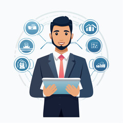 Fototapeta premium A smiling businessman in a suit holds a tablet with various business icons surrounding him on a white background in a graphic illustration.