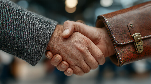 A contract, briefcase, and pen with a handshake deal between two business partners