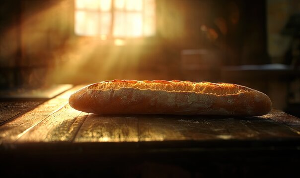 A freshly baked baguette on a wooden table with soft sunlight casting shadows