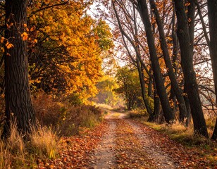 Obraz premium An autumnal forest path winding through vibrant, colorful foliage