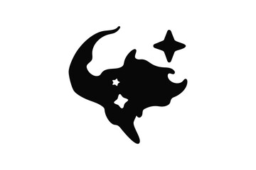 Mysterious black silhouette of a mythical creature with horns and glowing stars against a stark white background silhouette