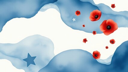 Remember with poppies on blue and white watercolor sky for Memorial Day