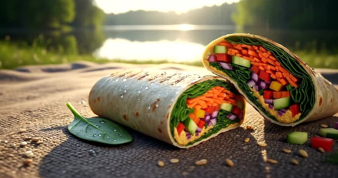 Fresh vegetable wraps on a rustic table by a serene lakeside at sunset