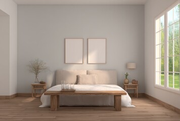 Interior view of a bright, airy bedroom with wood accents and nature views