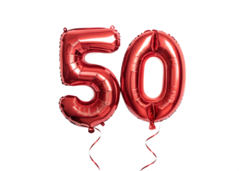 Red number 50 balloons isolated on transparent background