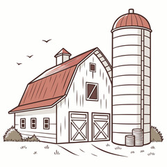 Rustic barn and silo vector illustration white background