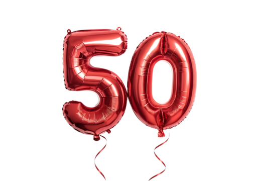 Red number 50 balloons isolated on transparent background