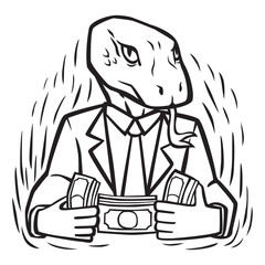 Snakes Businessman Wearing Business Suit with Money Cash. Cartoon Vector Illustration.  