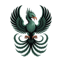 Fototapeta premium Powerful phoenix bird, mythological creature T-shirt Design. Legendary reborn animal symbol. Ancient rising spirit. Strong beast with wings