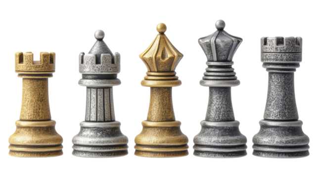 A row of chess pieces with a castle on the left and a crown on the right, isolated on a transparent and white background