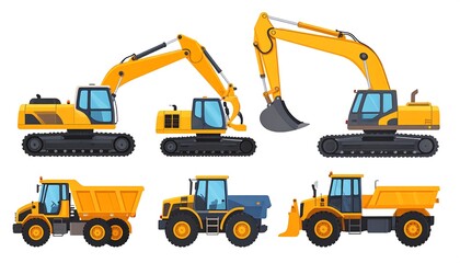 Collection of various yellow and blue construction vehicles on white