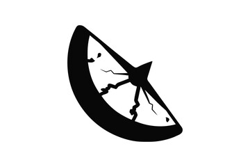 A stark black silhouette of a cracked and broken clock face with visible internal gears and hands against a white background silhouette