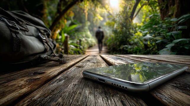 A smartphone and backpack on a wooden path in lush jungle sunlight, with a traveler walking away — a symbol of digital detox and reconnection with nature.