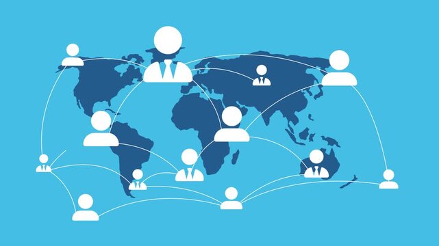 Animation of a global network with people icons connected over a world map