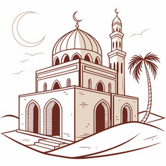 Traditional desert mosque with palm tree and crescent moon