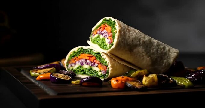 Fresh vegetable wraps on a wooden board with colorful roasted vegetables
