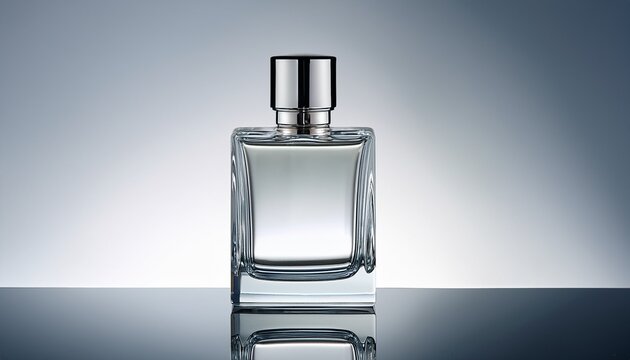 a clear rectangular perfume bottle with a silver cap transparent glass modern design