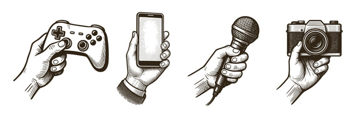hands holding devices sketch icons, gamepad, smartphone, microphone, camera