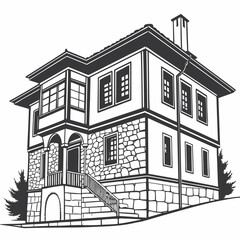 Traditional stone house with arched entrance and chimney