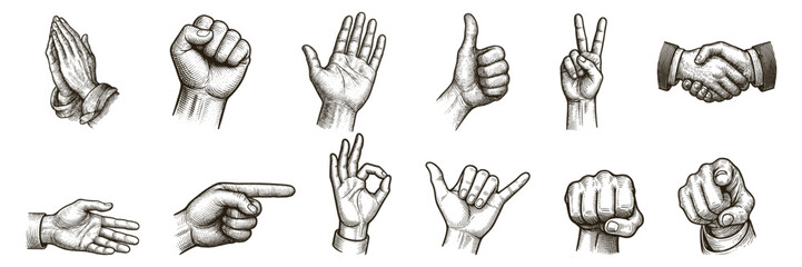 hand gestures sketch icons –,pray, point, thumbs up, ok, handshake