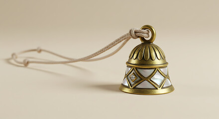Decorative Antique Brass Bell with Mother of Pearl Inlay Detail Hanging on String for Meditation and Home Decor Minimalist Spiritual Accessory for Mindfulness and Peace Traditional Zen Ornament