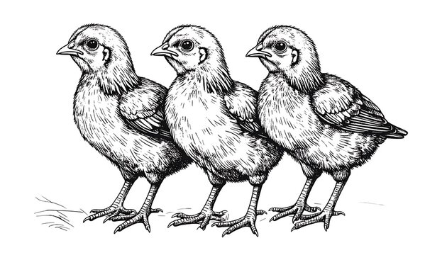 Hand-drawn Illustration of Three Chicks in Black and White