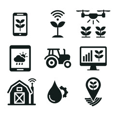 Set of modern smart farming and agriculture technology icons including drone, tractor, weather app, irrigation, and data analysis