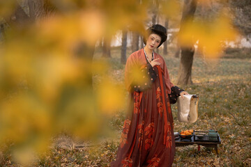 Graceful woman in traditional dress standing in a serene outdoor setting with autumn leaves.