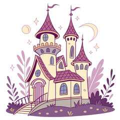 Whimsical cartoon fairy tale castle with purple towers and yellow walls