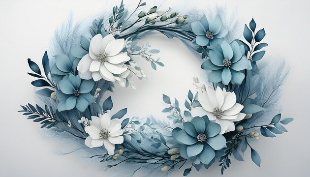 floral wreath light blue and white circular with greenery