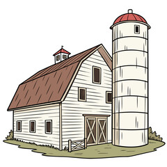White barn with red roof silo and wooden fence farm