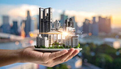 投資戦略を示すビジネスの象徴として手のひらに収まるビル模型