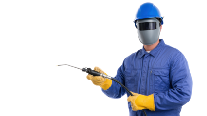 Focused male welder worker in blue uniform and protective helmet holding welding torch. This professional industrial worker wears mask and gloves for safety