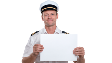 Smiling professional captain man in uniform holding blank white sign. friendly pilot presenting an empty board with copy space for an important message or announcement