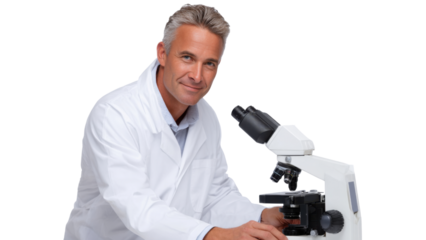 Confident smiling scientist man in white coat using microscope for medical research in laboratory. professional representing science and modern healthcare
