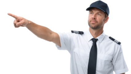 Confident professional male pilot in uniform pointing and giving direction. Serious captain shows command and leadership. An aviator representing aviation occupation and travel