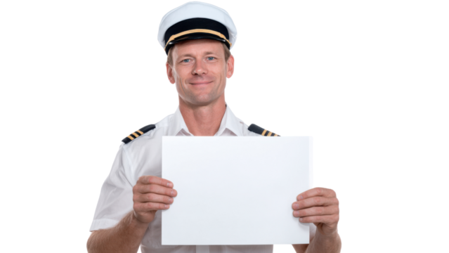 Smiling professional captain man in uniform holding blank white sign. friendly pilot presenting an empty board with copy space for an important message or announcement
