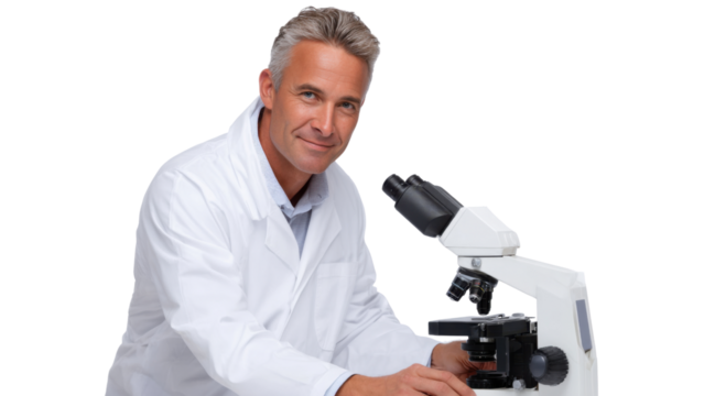 Confident smiling scientist man in white coat using microscope for medical research in laboratory. professional representing science and modern healthcare