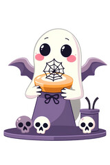 Adorable cartoon ghost in a witch hat with wings, holding a cake or pie decorated with a spiderweb. Surrounded by small skulls. Perfect Halloween party art and spooky desserts.