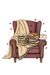 Hand-drawn illustration of a plush armchair with a knitted blanket, stacks of books, and a coffee cup with heart latte art. Autumn leaves and coffee beans float. Perfect cozy mood.