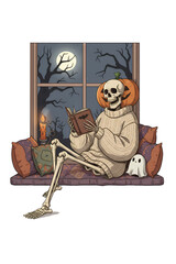 Spooky and cozy illustration of a skeleton with a jack-o'-lantern head, reading a book on a window seat at night. A cute ghost and candle are nearby. Halloween and autumn mood.