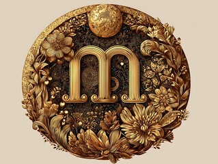 luxurious golden letter m monogram with highly detailed baroque and floral ornamentation