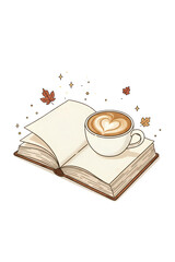 Elegant hand-drawn illustration of an open book with blank pages and a coffee cup featuring heart latte art. Floating autumn leaves and sparkles create a cozy and relaxing scene.