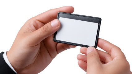 Professional business hands holding blank white card in black holder. person in suit confidently showing name tag or identification for access or contact