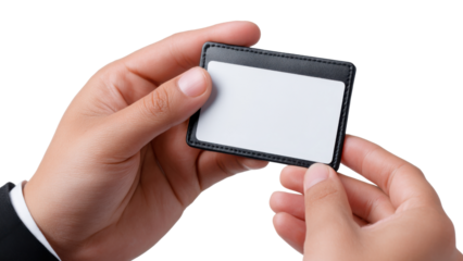 Professional business hands holding blank white card in black holder. person in suit confidently showing name tag or identification for access or contact