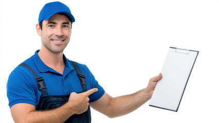 Friendly professional worker, smiling man in blue uniform holding and pointing at clipboard. Occupation showing reliable service and customer support on white background