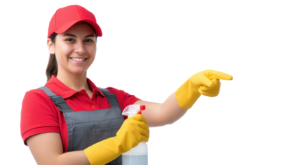 Happy smiling professional woman cleaner in red uniform and yellow glove holding spray bottle and pointing. This janitorial service worker looks confident for house cleaning